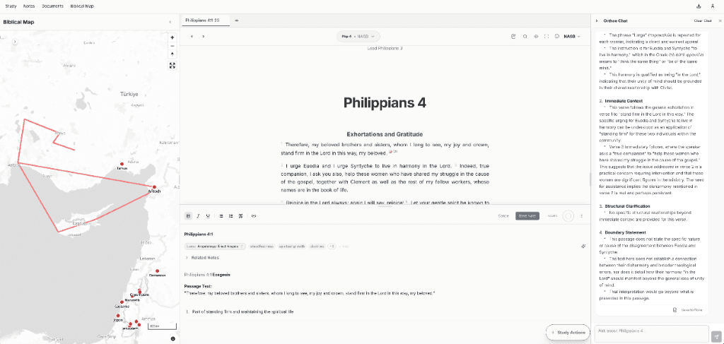 A single study session with multiple drawers open—Orthos is designed for parallel study, not linear workflows.